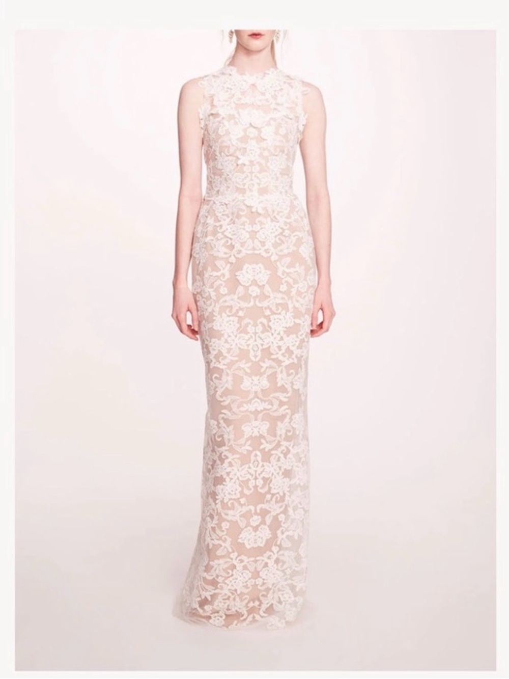 Sheer Lace Maxi Dress in Nude and White